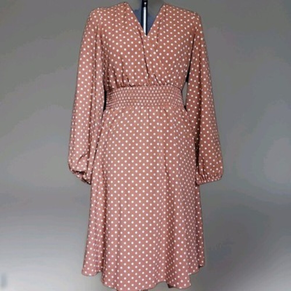 DRAPER JAMES RSVP Womens Dress Size L Polka Dot Fit Flare Long Sleeve Pockets